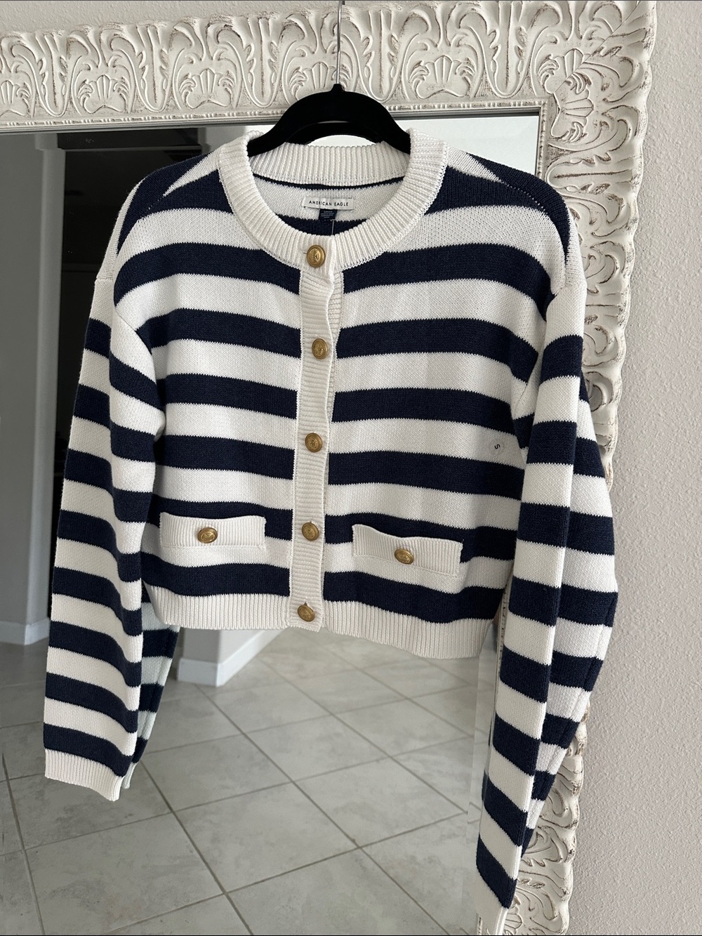 American Eagle Button Up Crewneck Striped Cardigan